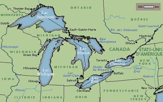 La région des grands lacs, partagée entre le Canada et les Etats-Unis : par où entrer, par où sortir ? carte de la région des grands lacs